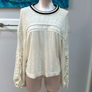 Free People  Sweater Crew Neck Long Sleeve Crochet Beaded White Size s